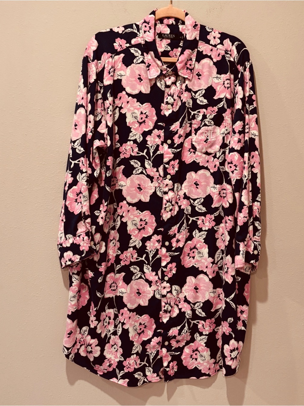 Ralph Lauren Navy Nightshirt Pink Floral Print Luxury Cotton Casual Cozy Comfy